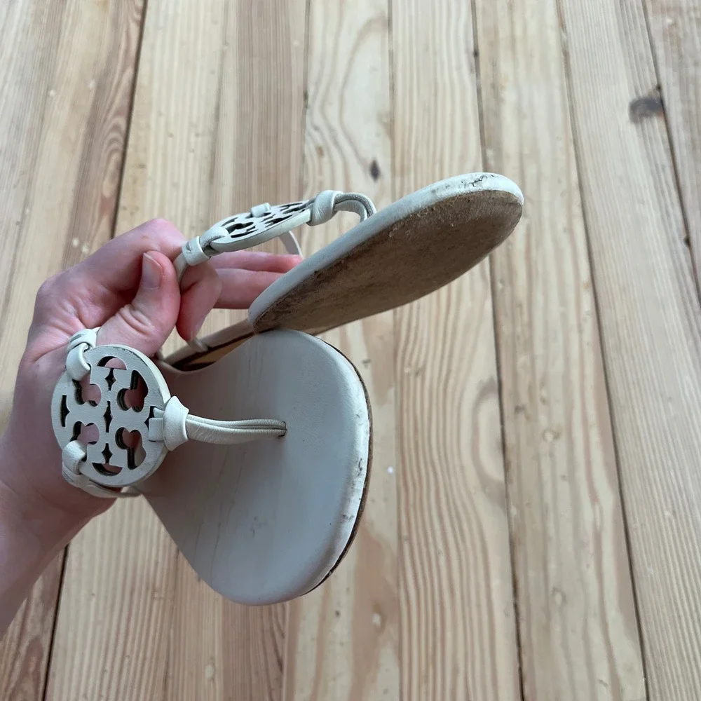 Tory Burch Miller Sandal Cream Leather Logo Thong Flats Women 9 Off White slipon